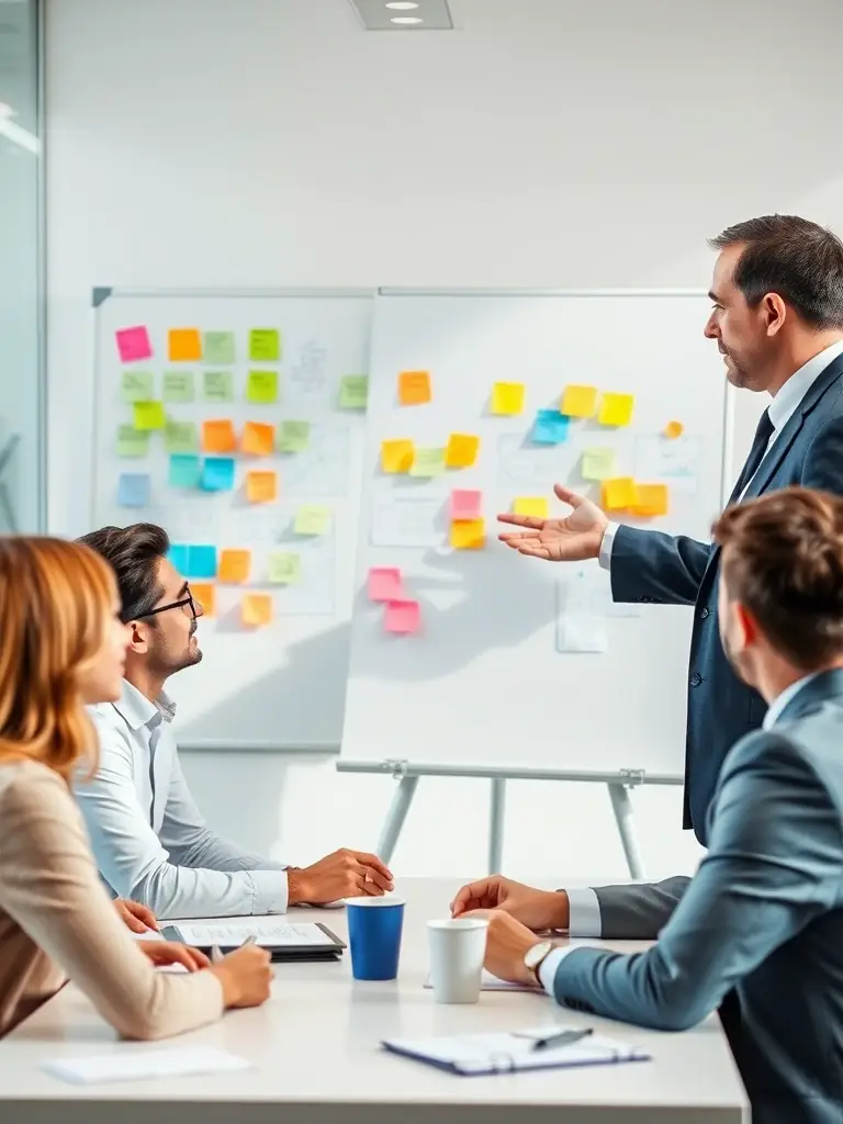 A business coach facilitating a brainstorming session with a team, generating innovative ideas and solutions for business growth and development.