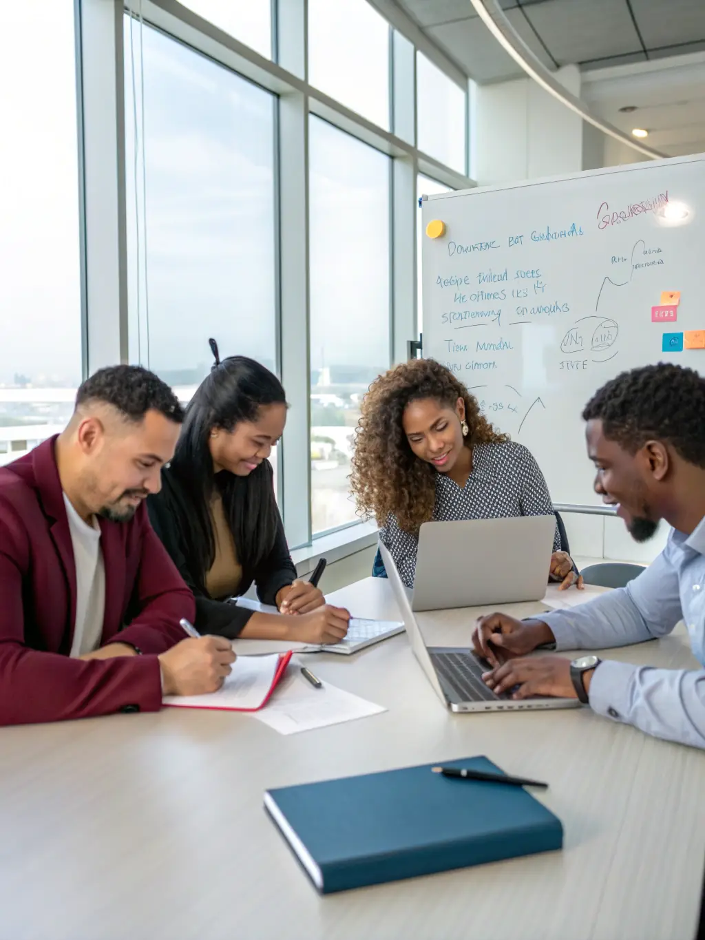 A diverse group of professionals participating in a leadership workshop, engaging in team-building activities and collaborative problem-solving.