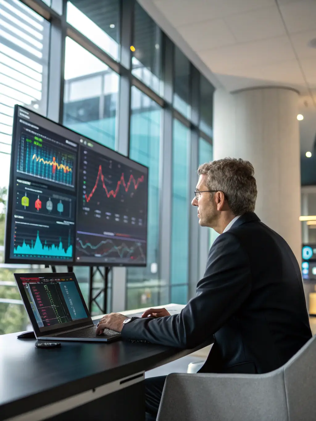 A business owner looking thoughtfully at a graph showing upward growth, symbolizing business growth coaching.