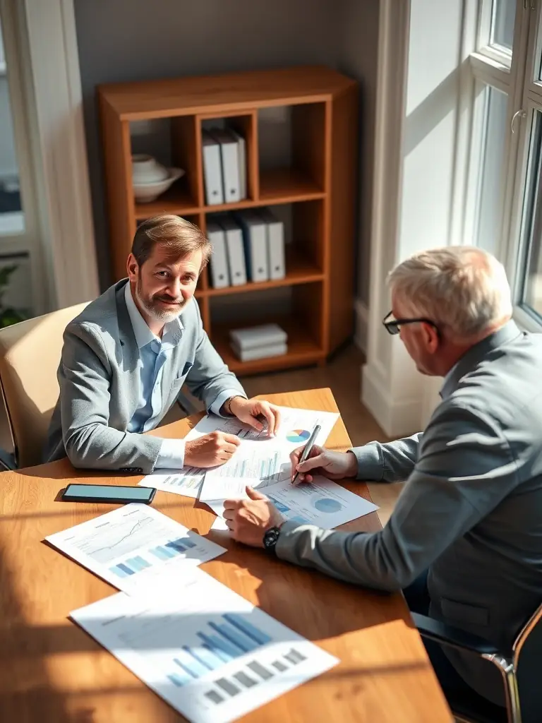 A professional business coach in a suit, smiling confidently while reviewing documents with a client in a modern office setting, symbolizing strategic planning.