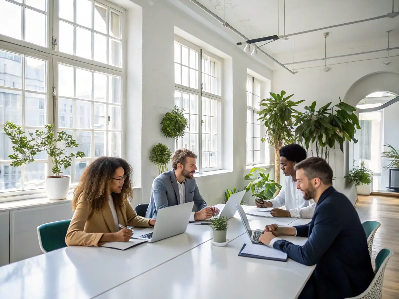 A diverse group of professionals collaborating around a table, brainstorming ideas and strategies, representing the collaborative and inclusive environment of branapp.site's coaching sessions.