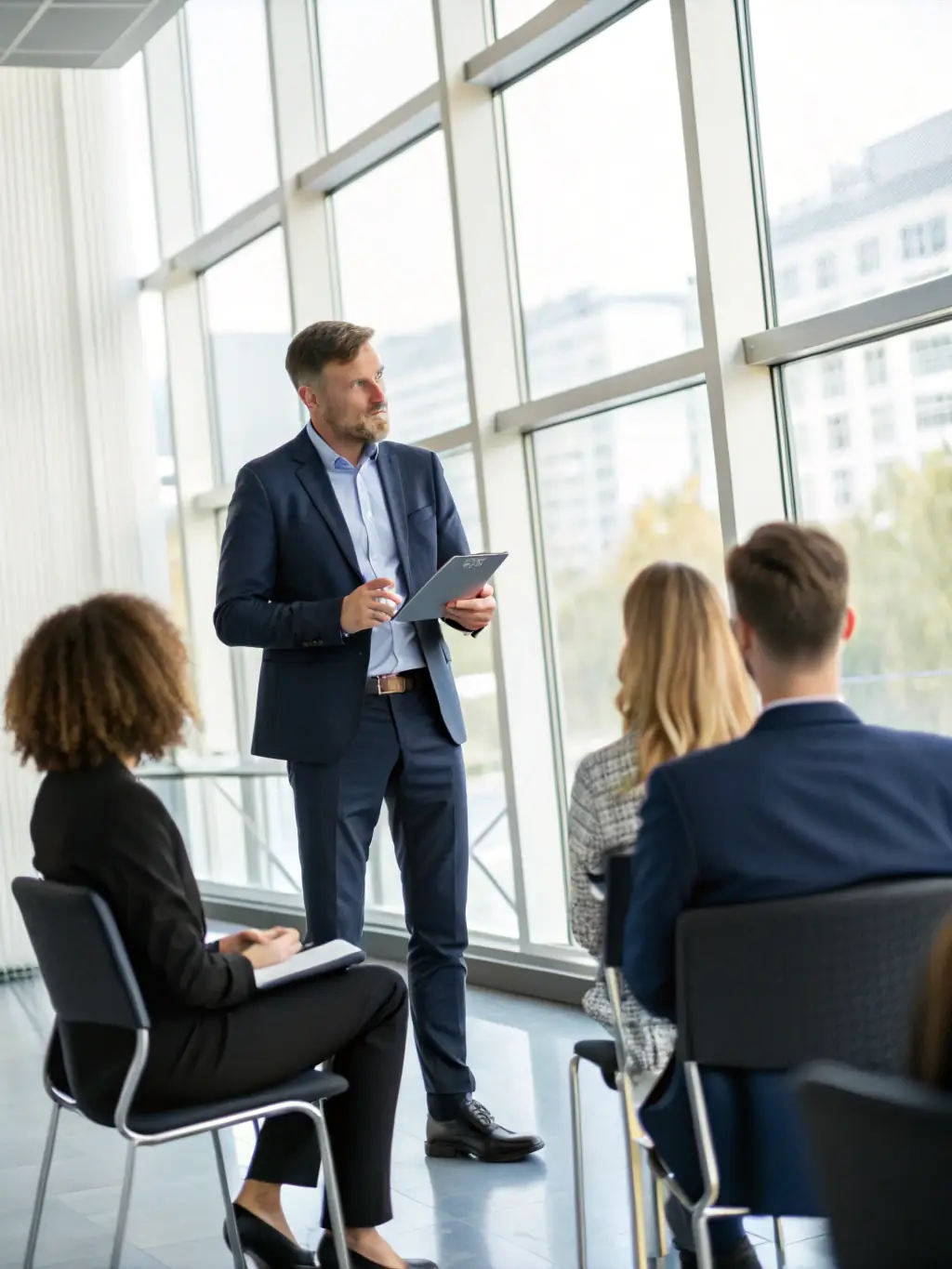 A person confidently presenting to a group, symbolizing leadership coaching.